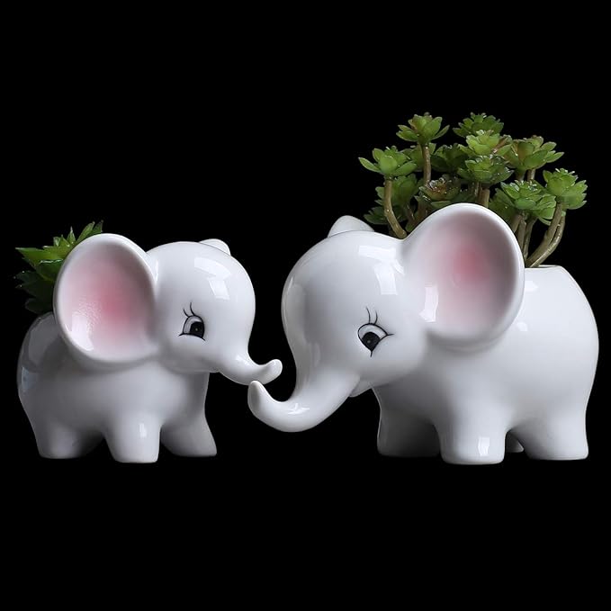 Ogrmar 2PCS Elephant Plant Window Boxes Cute Elephant Flower Pot/Modern White Ceramic Succulent Planter Pots/Tiny Flower Plant Containers Animal Decor
