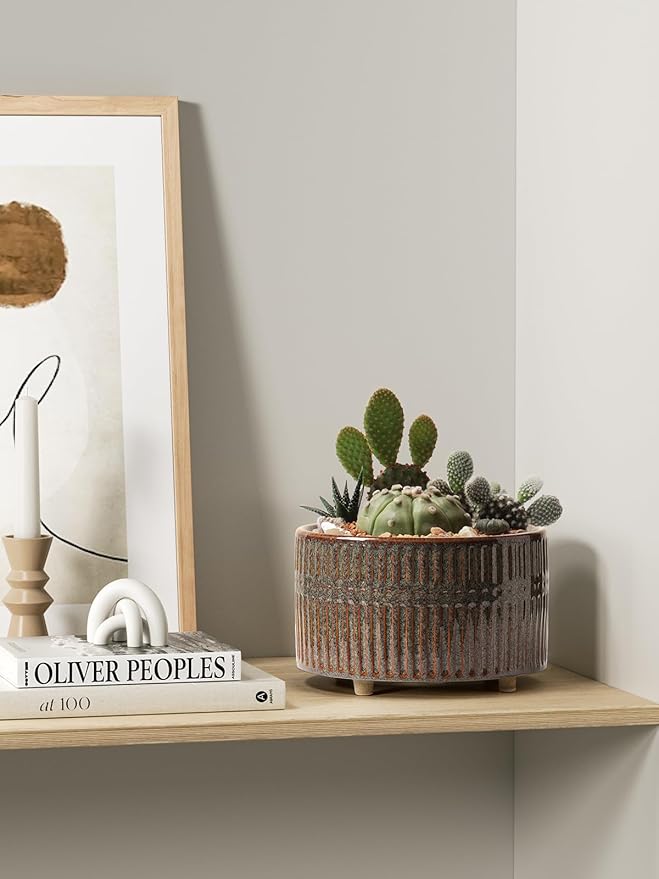 LE TAUCI Succulent Pots, 6.5+8 Inch Ceramic Indoor Plant Pot with Drainage Hole, Modern Round Decorative Flower Pot, Set of 2, Reactive Glaze Black