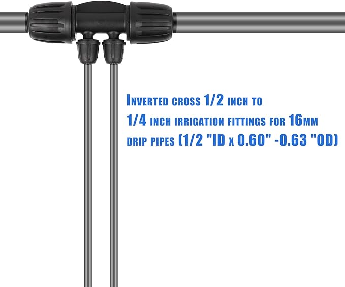 1/2 Inch to 1/4 Inch Tubing Irrigation Fittings for (1/2'' ID x 0.60''-0.63'' OD) 16mm Drip Tubing,Locked Barbed Tee Connectors (10 Pcs Barbed Tee 4-Way)