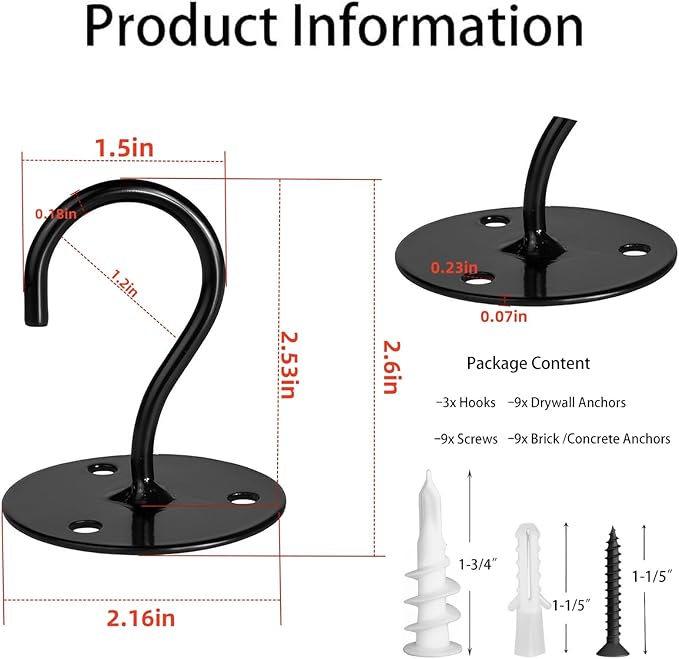 Ceiling Hooks for Hanging Plants-Heavy Duty Wall Mount Hanger Bracket for Hanging Bird Feeders, Lanterns, Wind Chimes, Planters, Outdoor Decoration (3 Pack) (Black)