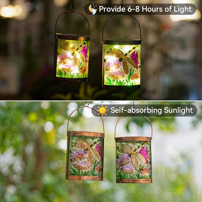 Starsoul 2 Pack Hanging Solar Lantern Outdoor Waterproof Glass Dragonfly Decorative Solar Lights for Outside Garden Yard Table Patio Decor
