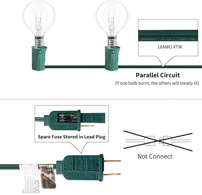 Outdoor Patio String Lights 100Feet G40 Backyard Light with 104 5W Edison Clear Bulbs(4 Spare), UL Listed Waterproof Hanging Lights for Balcony Porch Bistro Party Decor, C7 E12 Socket, Green