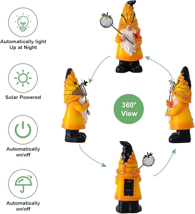 Solar Gnome Statues Outdoor Decor: Garden Figurines Sculpture with Glowing Butterfly and Catching Dragonfly for Yard Porch Patio Balcony - Gifts for Mother Grandma