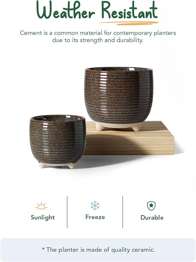 LE TAUCI Ceramic Plant Pots, 5.1 + 6.4 Inch Footed Pots for Plants, Modern Flower Pots for Home and Office, Indoor Planters with Drainage, Reactive Glaze Black