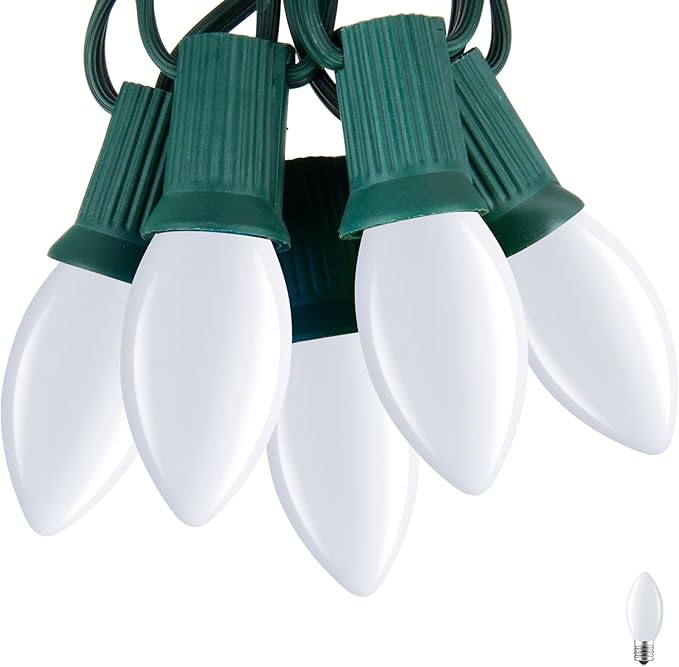 C7 Pure White LED Christmas Lights, 25Ft Vintage String Lights with 25+1 Plastic Bulbs, E12 Candelabra Base, Outdoor Retro Style Hanging Lights for Xmas Patio Fence Roofline Holiday Decorations