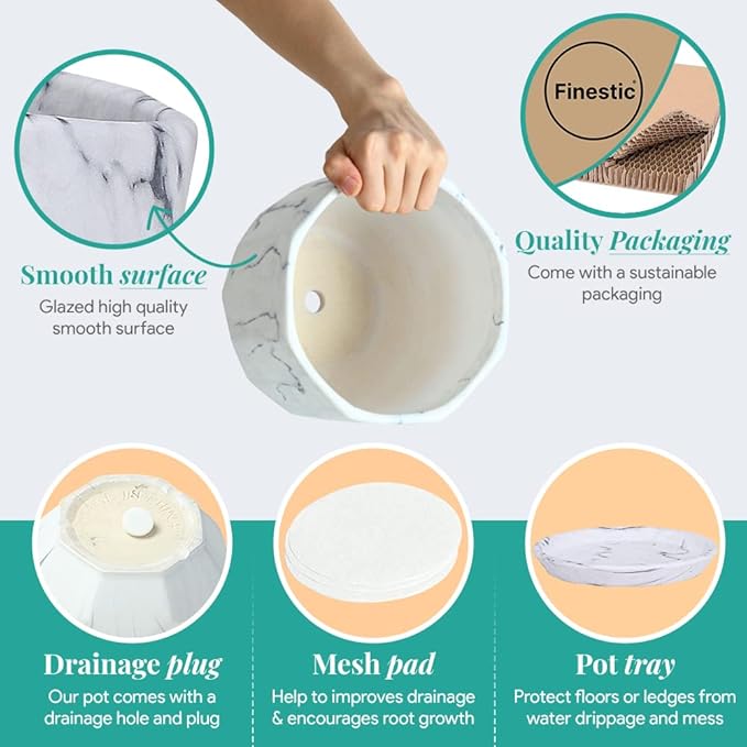 Large 7 Inch Marble White Plant Pots Planters with Saucer Tray, Mesh Pad, Drainage Hole and Stopper, Hand Glazed Flower Pot, Garden Indoor Outdoor Planter, Modern Home Decor (Ceramic, White)