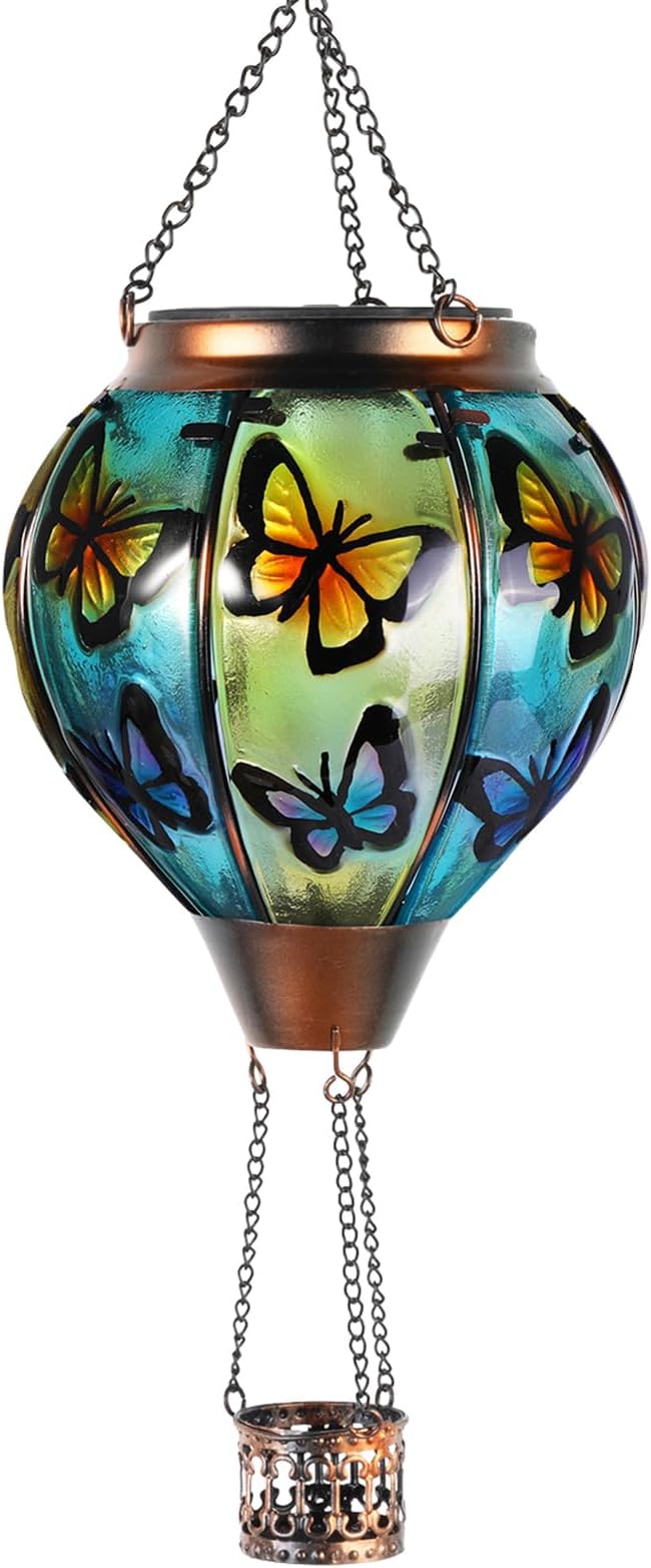 pearlstar Hot Air Balloon Solar Lantern with Flickering Flame Light Outdoor Solar Hanging Lights Waterproof for Garden Yard Farmhouse Patio Pathway Outside Decoration,Glass(Butterfly)