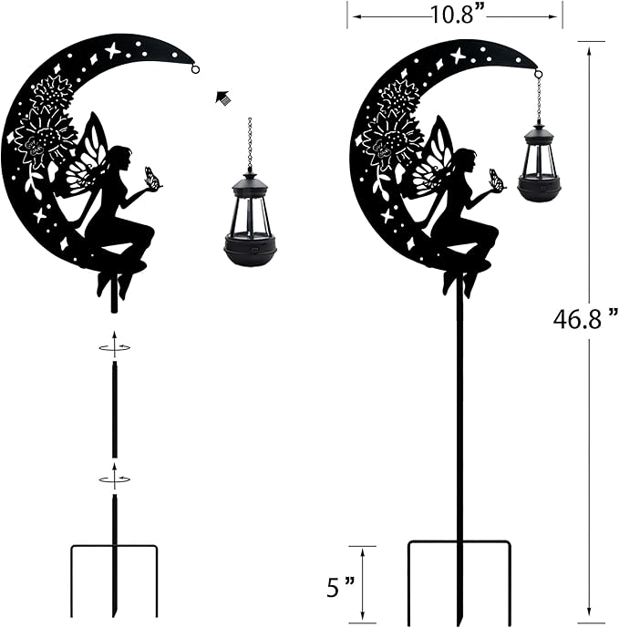 Solar Angel Garden Outdoor Stake Holding Solar Lantern Outdoor Decor Metal Large Angel Sitting Moon Silhouette Stakes for Garden Lawn Patio or Courtyard