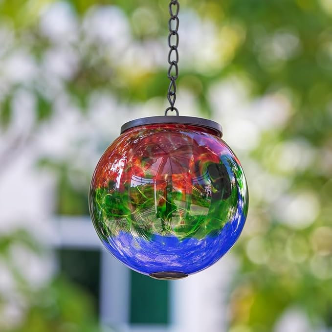 Hanging Solar Lanterns Outdoor Waterproof, Hanging Glass Solar Lantern with Hook, Gazing Ball Lantern Decor for Tree Yard Patio