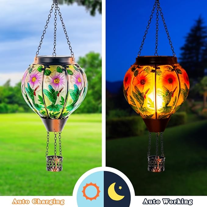 DREAMSOUL Hummingbird Hot Air Balloon Solar Lantern, Hanging Solar Lanterns Outdoor with Flickering Flame Light, Metal & Glass Solar Lanterns Outdoor Waterproof for Patio Yard Decor