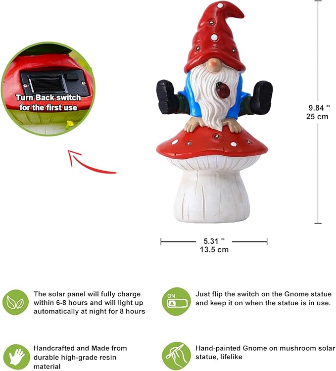 Nacome Solar Gnome Garden Statue for Decor: Outdoor Sculpture with Lights for Outside Ornament Yard Art Lawn Porch Patio Balcony - Birthday Gifts for Women Mom