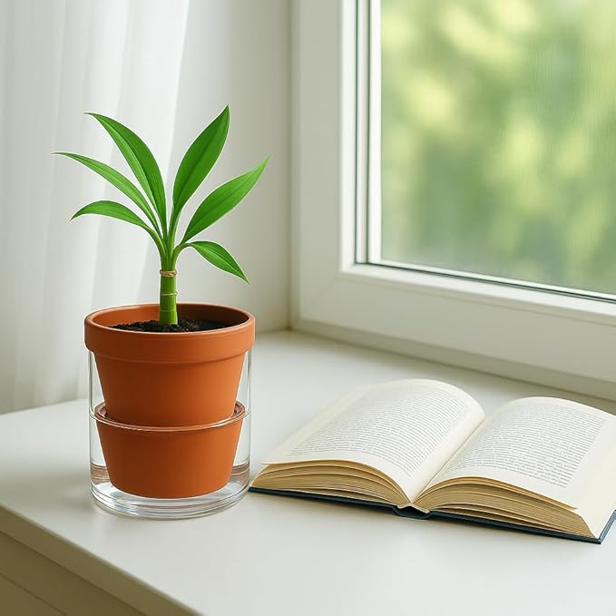 D'vine Dev 4 Inch Design Self Watering Pot for Indoor Plants, Terracotta Planter with Cylinder Glass Cup, 37-X-A-1