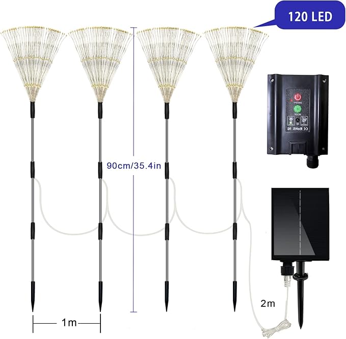 Solar Outdoor Lights,4 Pack 120 LED Waterproof Solar Firework Lights are 8 Modes Decorative Sparkles Stake Landscape Light,Garden Copper Wire Firework Lamp for Backyard Lawn Patio Decor(Cool White)