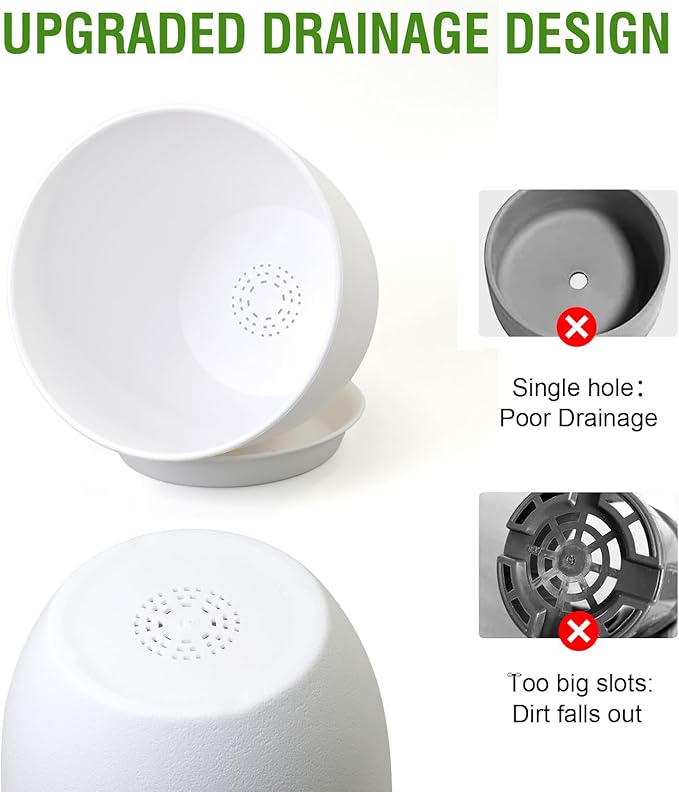 12/10/9 inch Large Plant Pots, 3 Pack Modern Decorative Plastic Planters with Drainage Holes and Saucers, Flower Pots for Indoor Outdoor Plants, White