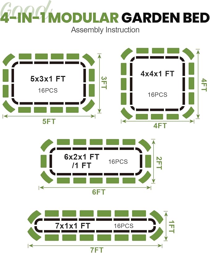 G GOOD GAIN 4-in-1 Adjustable Raised Garden Bed Kit | Galvanized Planter Boxes for Vegetables, Flowers | 12" Tall, Multiple Sizes (5x3x1ft, 4x4x1ft, 6x2x1ft, 7x1x1ft) | Outdoor Metal Raised Bed, Green