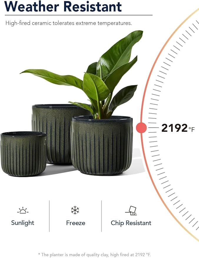 LE TAUCI Ceramic Planters for Indoor Plants, 8.3+6.9+5.7 inch Plant Pots with Drainage Holes, Cylinder Flower Pot for Indoor House Plant, Set of 3, Glaze Dark Olive