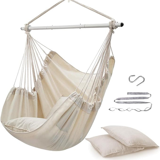 ADVOKAIR Hammock Chair Swing (500 lbs Max-2 Cushions) - Hanging Hammock Chair Rope Swing Indoor for Bedroom, Outdoor, Patio, Bedroom, Porch, Deck - Sturdy Steel Bar with Anti-Slip Safety Rings