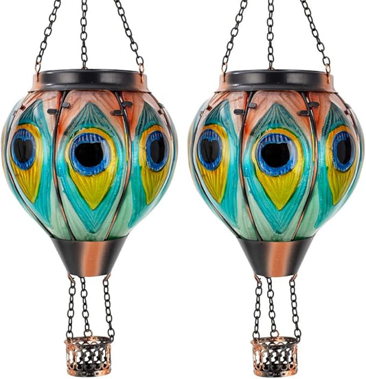 Starsoul 2 PC Peacock Hot Air Balloon Solar Lantern with Flame Glass Outdoor Hanging Hot Air Balloon Solar Light Waterproof Garden Patio Yard Party Decorations
