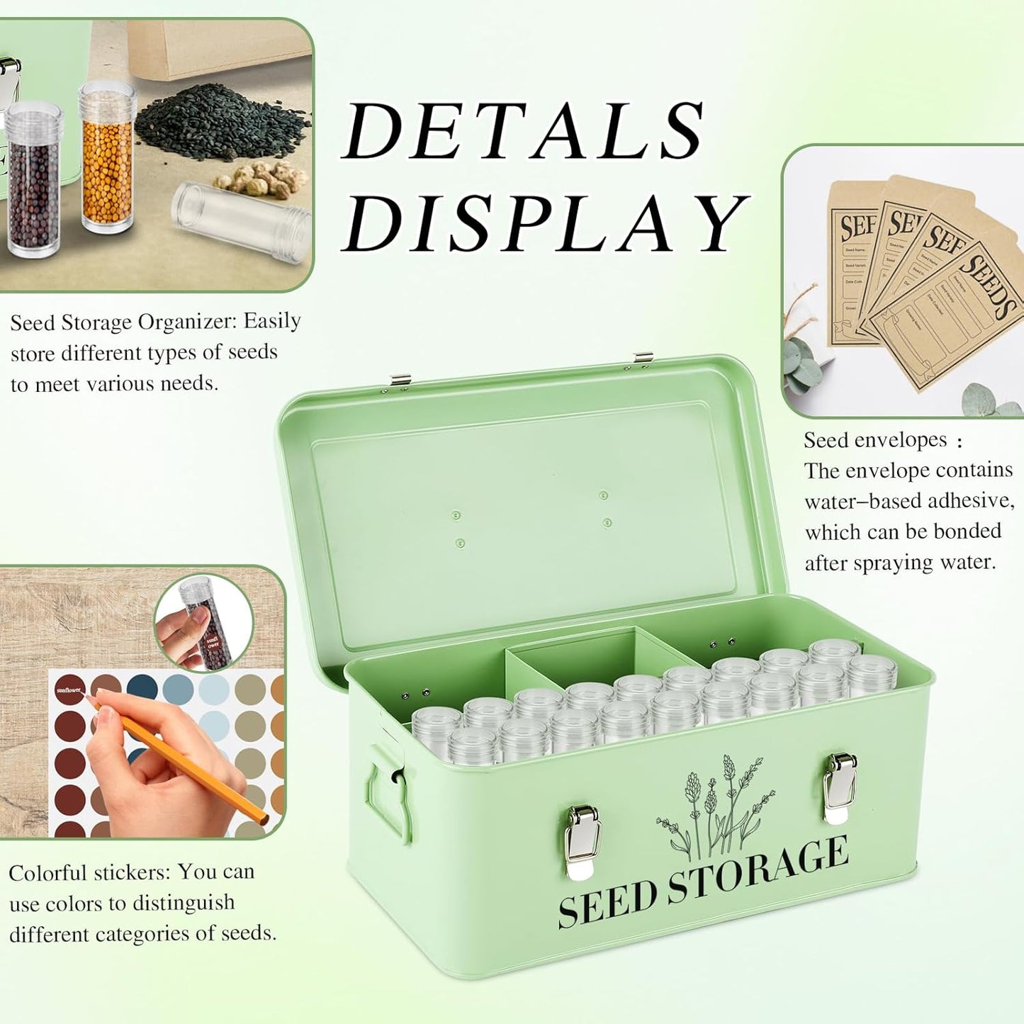 60 Slots Seed Storage Box with 4 Dividers, Metal Seed Storage Organizer, Seed Saving Box, Seed Packet Container, Professional All-in-one Kit with 60 Seed Envelopes and Label Stickers