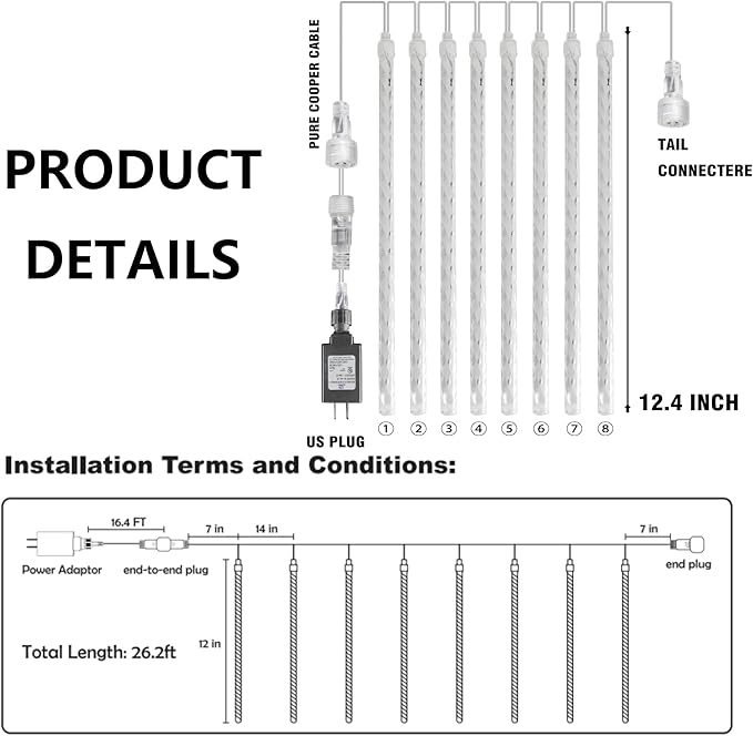 TW SHINE Christmas Lights Outdoor, 288 LED 12" 8 Tubes Meteor Shower Lights Outdoor Christmas Decorations Plug in, Waterproof Snow Falling Rain Icicle Xmas Lights for Tree Decor, Blue
