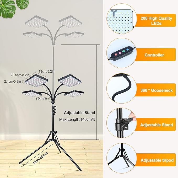 4-Head Grow Light with Stand 100W, FECiDA 2025 Grow Lights for Indoor Plants, Full Spectrum LED Plant Grow Light for Houseplants, Bonsai Tree, 4,8,12,16 Hr Timer and 360° Gooseneck