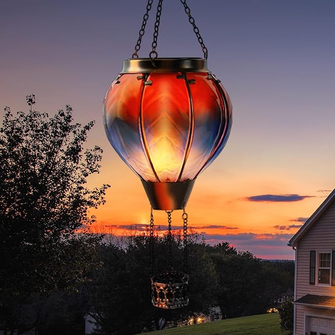 pearlstar Hot Air Balloon Solar Lantern with Flickering Flame Light Outdoor Solar Hanging Lights Waterproof for Garden Yard Farmhouse Patio Pathway Outside Decoration,Glass(Red&Blue)