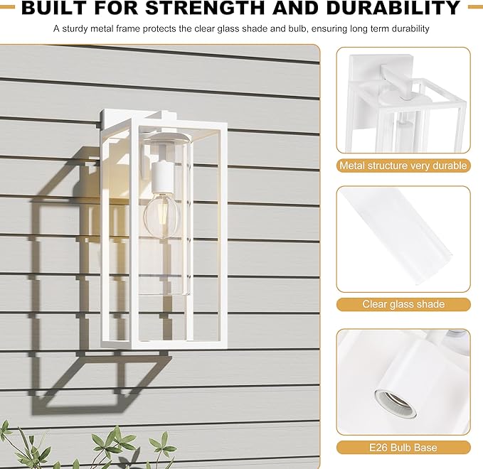 15.7 Inch Outdoor Wall Lights, Outdoor Wall Lantern with Circular Clear Glass Shade, Waterproof Exterior Lighting Fixtures, Modern Front Porch Lighting for House, Garage, E26 Base, ETL Listed, White
