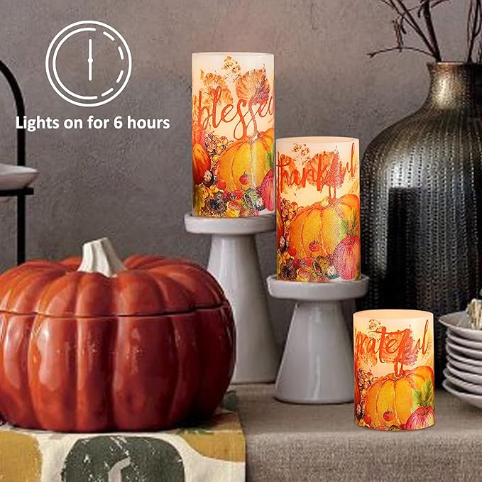 Thanksgiving Blessings LED Candles Pumpkin Glitter Desgin Real Wax Flickering Flameless Fall Harvest Battery Operated with Remote Timer 6H for House Warming Gifts New Home Table Tary Decor