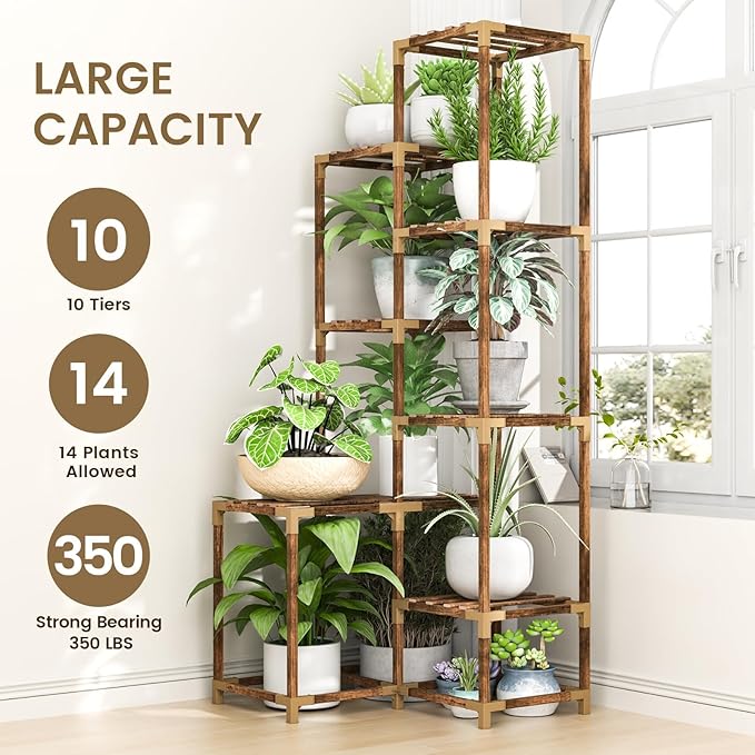 HOMKIRT Tall Corner Plant Stand with Grow Lights, Plant Shelf Indoor for Multiple Plants, Wood Plant Ladder Rack Holder Display Flower Stand for Living Room Balcony