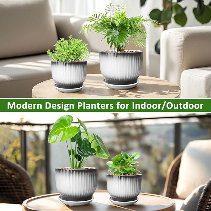 6.7 + 5.5 Inch Plant Pot, Ceramic Planter with Drainage and Saucer, Ceramic Pots for Plants, Indoor Plant pots,Ceramic Flower pots（Black + White, Plants NOT Included）