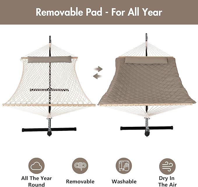 ANOW 2 Person Hammock with 12FT Heavy Duty Steel Stand, Double Rope Hammock with Detachable Pillow and Pad for Outdoors Indoors, 450 LBS Weight Capacity, Light Brown