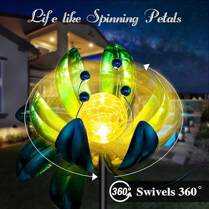 Solar Garden Lights Metal Flower Decor, Colorful Spinning Windmill Lotus Pathway Ligths with LED Cracked Crystal Ball Outdoor Decorative Stake Lighting Waterproof Flower Sculpture for Patio Yard