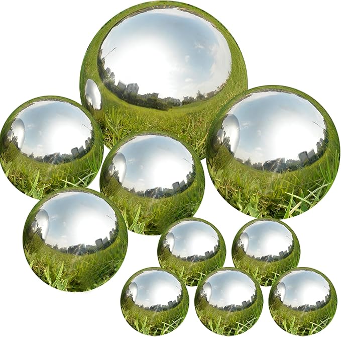 Nerien Gazing Ball, Stainless Steel Garden Mirror Globe, Polished Ornament Sphere, Hollow Floating Reflective Hemisphere, for Home Outdoor Pond Housewarming Swimming Pool Decoration, Silver, 10Pcs