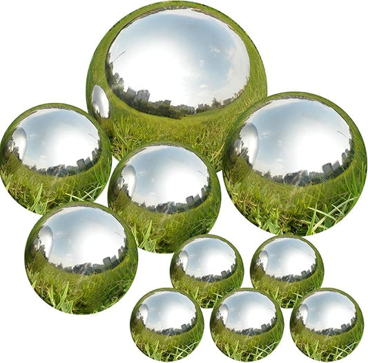 Nerien Gazing Ball, Stainless Steel Garden Mirror Globe, Polished Ornament Sphere, Hollow Floating Reflective Hemisphere, for Home Outdoor Pond Housewarming Swimming Pool Decoration, Silver, 10Pcs