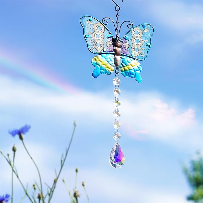 Set 2 Metal Butterfly Suncatchers for Windows - 14" Outdoor Fence Wall Art Decor, Rainbow Prisms Sun Catchers with Crystals Hanging for Home Garden Ornament
