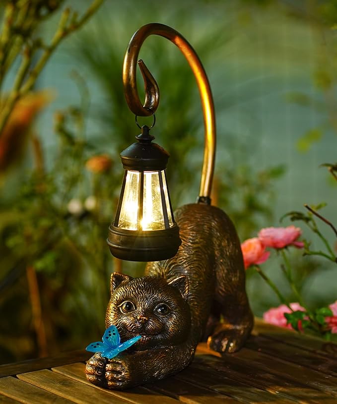 Solar Cat Garden Statue for Outdoor: Outside Sculptures Decor for Art Patio Balcony Yard Lawn – Unique Birthday Gift for Women Mom Grandma