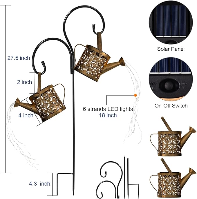 MEREAR Solar Watering Can Lights Outdoor with 8 Multi-Color Changing Modes, IP65 Waterproof Landscape Light Garden Decor, One Pole Two Lights Outside Decorations for Lawn, Backyard, Patio, Chrismas