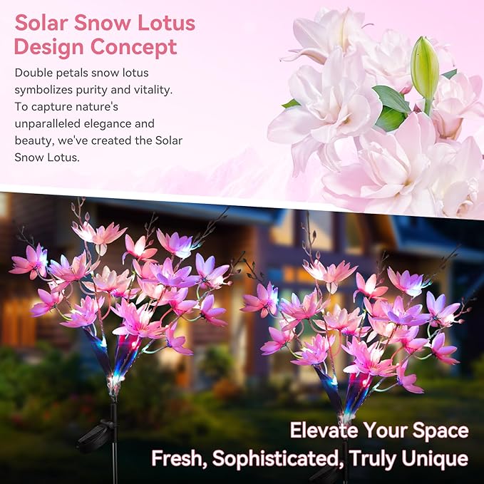 Neporal Solar Flowers Outdoor Waterproof IP65, 5-Head Snow Lotus with 20+ Flowers, 4-Color Light & 2 Lighting Modes, Decorative Solar Lights Outdoor Garden, Yard, Pathway, Flower Bed (2-Pack, Pink)