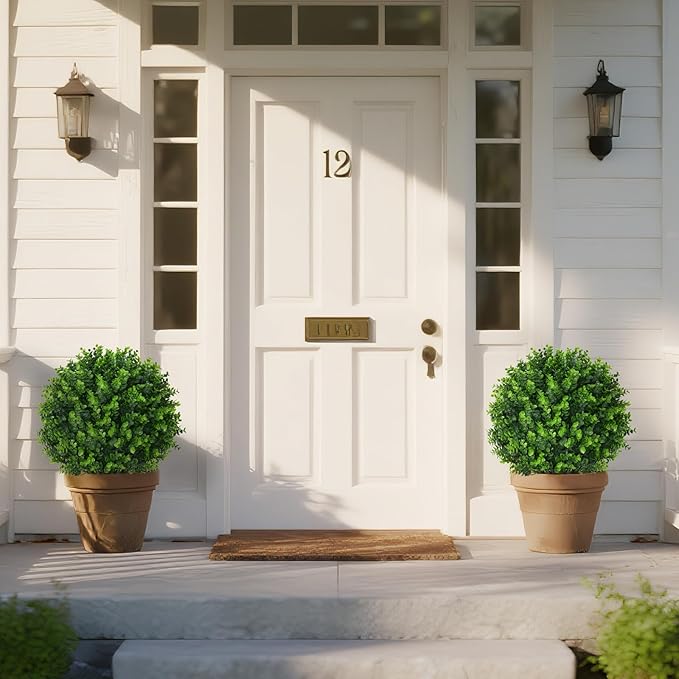 Artificial Eucalyptus Topiary Ball Trees with Ground Spike, Set of 2 UV Resistant Artificial Shrubs, Fake Evergreen Artificial Plant Bushes for Indoor Outdoor Front Porch Garden