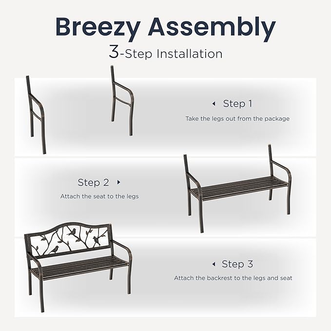 PHI VILLA Outdoor Garden Park Bench Patio 50" Metal Bench, Steel Frame Bench with Backrest and Armrests for Porch, Lawn, Balcony, Backyard and Indoor, Bronze