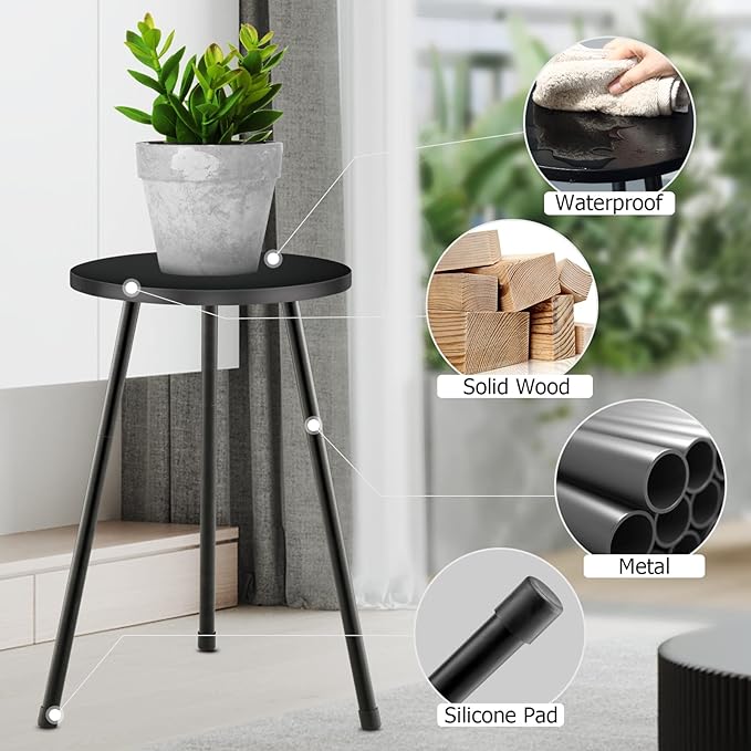 Tall Plant Stand, Mid Century Wood Indoor Plant Stand Black Plant Table for Flower Pots, Metal Plant Holder, Modern Home Decor Small Round Side End Table (11.8"x20")