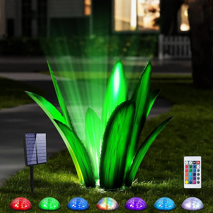 Upgraded Large Metal Yard Art, Metal Agave Plant Yard Decorations Outdoor Sculpture, Metal Flowers for Outside, Waterproof Outdoor Garden Decor (Green (W/Solar Light))