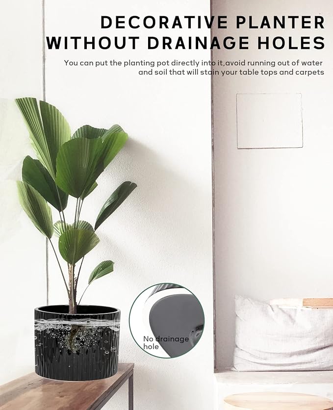 LaDoVita Ceramic Plant Pot with Stand, 10 Inch Planter with Wood Shelf, Modern Round Flower Pots Indoor with Wood Planter Holder, Black Water Ripple Pattern