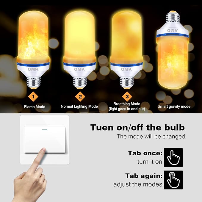 OMK 4 Pack Flickering Light Bulbs Christmas Decorations Sunlight LED Flame Effect Light Bulbs 4 Modes Fire Flickering Light Bulbs for Party Indoor Outdoor Decor Holiday Gifts