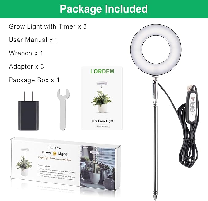 LORDEM Grow Light, Full Spectrum LED Plant Light for Indoor Plants, Height Adjustable Growing Lamp with Auto On/Off Timer, 4 Dimmable Brightness, Ideal for Small Plants, 3 Packs of Black