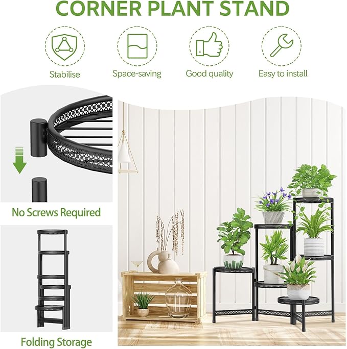 iDavosic.ly 6 Tier Large Plant Stand Indoor with 10 Inch Wide Tray, Tiered Corner Metal Outdoor Flower Display Holder Shelf, Folding Tall Rack for Patio Porch Balcony, Black Iron Carving