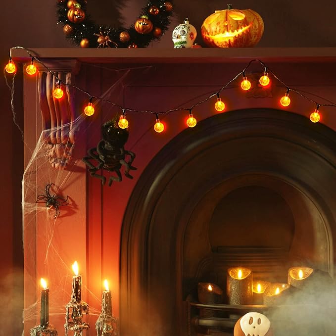 Solar Halloween String Lights Outdoor 60 LED 36 Feet Crystal Globe String Lights with 8 Lighting Modes, Waterproof Solar Powered Patio Lights for Garden Yard Porch Decor (Orange)