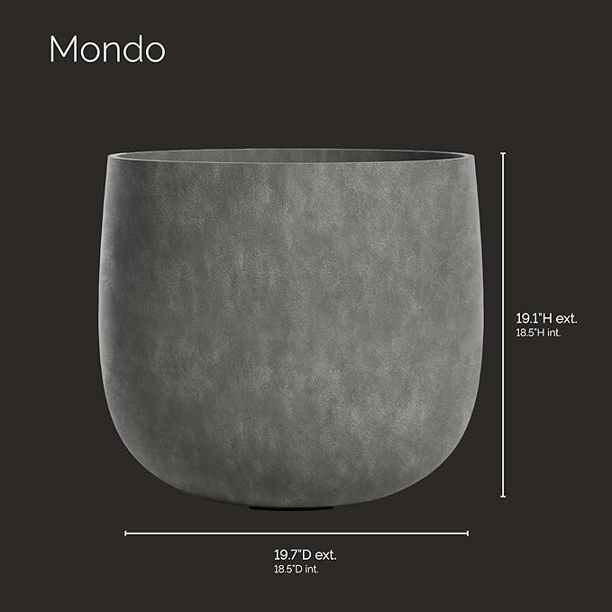 Mondo Large Planter – Grey Stone Finish – Fiberglass Indoor/Outdoor and Weather-Resistant Round Planter (19.7" D x 19.1" H Exterior, 18.5" D x 18.5" H Interior)