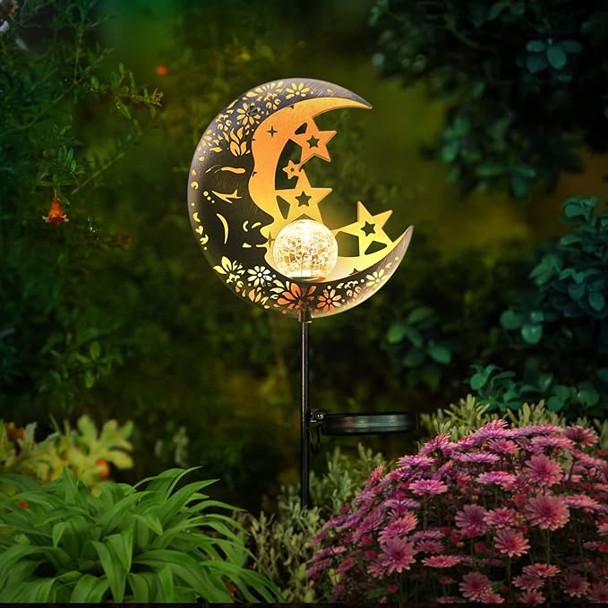 Moon Solar Lights Outdoor Garden Decorative Star Solar Lantern with Warm Light Waterproof Metal Outdoor Decoration for Patio, Pathway or Yard Garden Decor
