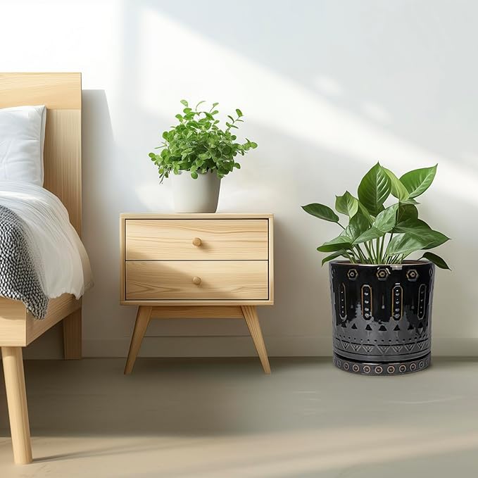 Ceramic Pots for Plants - 12 Inch Large Planter with Drainage Hole and Saucer, Ceramic Flower Pots for Indoor Outdoor, Boho Round Planter, Patio Decor, Gifts for Plant Lover, Black